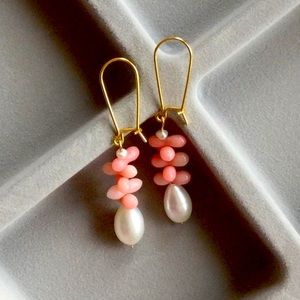 Handmade real coral with natural pearl dangle earrings